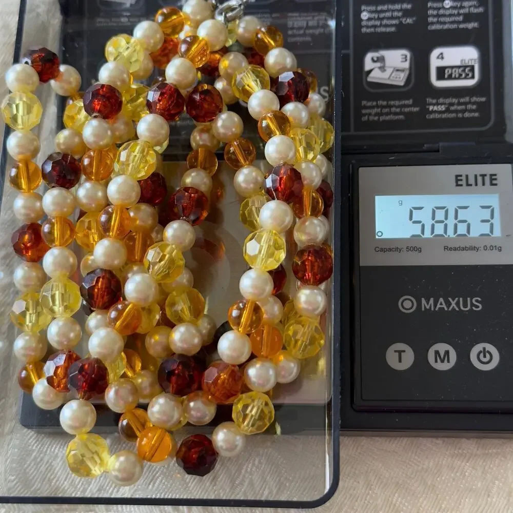 26” Acrylic Honey Yellow and Brown Beaded Necklace Faux Pearl Spacers VNTG 60’s